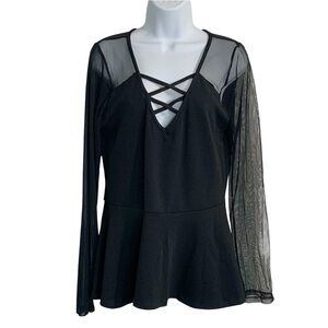 MINETTE Black Lattice Front Sheer Sleeve Peplum Top Sz 1XL